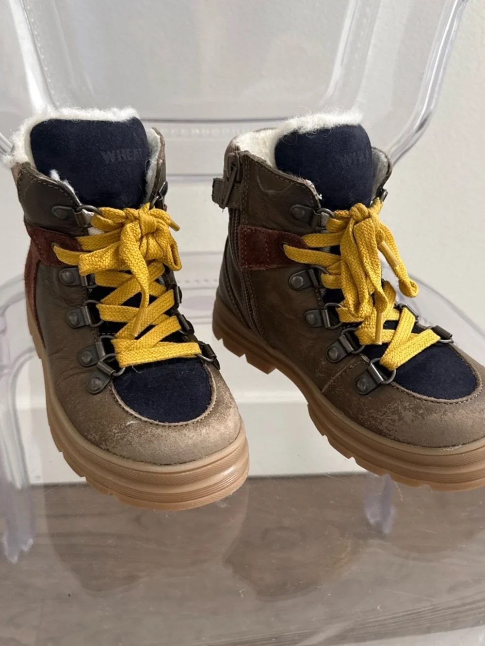 Kids Brown Lace-Up Winter Boots with Yellow Laces